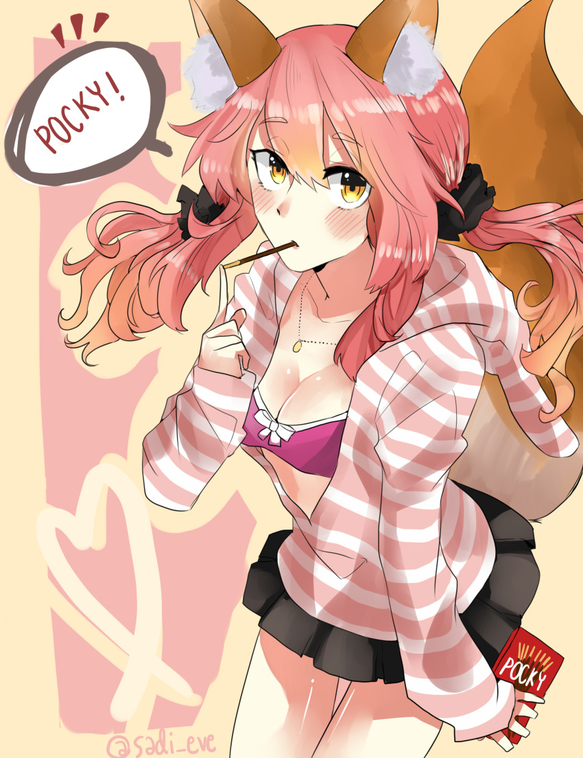 1girl absurdres animal_ears blush bra breasts cleavage collarbone fate/extra fate_(series) food food_in_mouth fox_ears fox_tail highres jewelry large_breasts miniskirt necklace open_clothes open_shirt pink_bra pink_hair pocky_day sadi_eve shirt skirt solo speech_bubble tail tamamo_(fate)_(all) tamamo_no_mae_(fate) twitter_username underwear yellow_eyes
