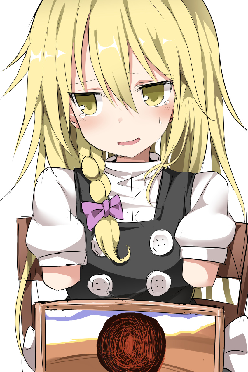 1girl absurdres amputee bangs benjamin_button_suukina_jinsei blonde_hair blush bow braid chair commentary_request cookie_(touhou) double_amputee eyebrows_visible_through_hair hair_between_eyes hair_bow highres kirisame_marisa long_hair looking_away open_mouth purple_bow short_sleeves sidelocks simple_background single_braid solo sweat tears touhou upper_body uzuki_(cookie) white_background yellow_eyes