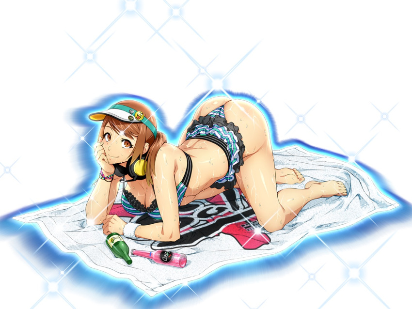 1girl ass barefoot breasts brown_eyes brown_hair feet official_art olive_oppert super_robot_wars_x-omega swimsuit