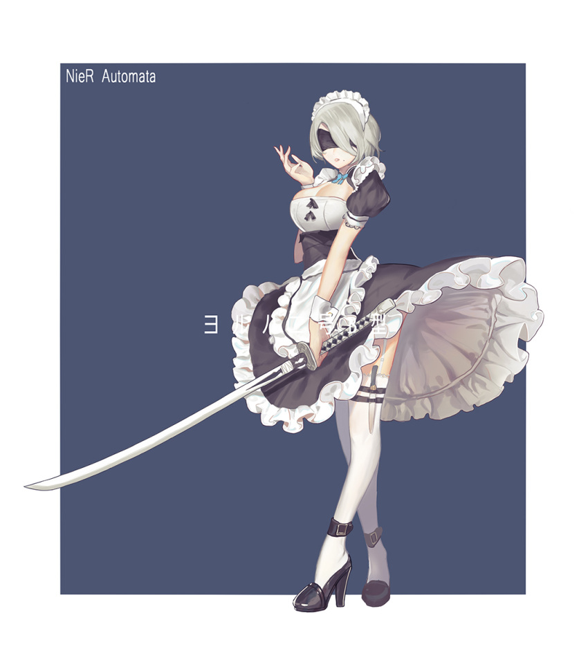 1girl alternate_costume ankle_strap apron black_shoes blindfold blue_bow blue_bowtie bow bowtie breasts copyright_name covered_eyes dress enmaided frilled_skirt frills full_body garter_straps hair_over_one_eye hand_up high_heels highres holding holding_sword holding_weapon holster katana knife legs_crossed maid maid_apron maid_headdress medium_breasts mole mole_under_mouth nier_(series) nier_automata nose parted_lips pink_lips puffy_short_sleeves puffy_sleeves shoes short_hair short_sleeves skirt solo standing sword thigh-highs thigh_holster thigh_strap waist_apron watson_cross weapon white_legwear wrist_cuffs yorha_unit_no._2_type_b zeroro zettai_ryouiki