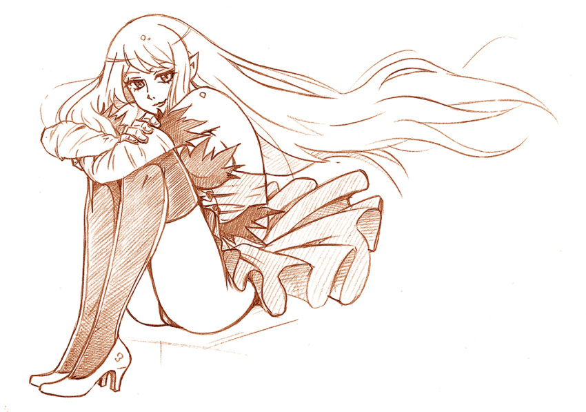 1girl bbb_(friskuser) breasts commentary_request dress elbow_gloves elbows_on_knees gloves high_heels kiss-shot_acerola-orion_heart-under-blade kizumonogatari knees_up large_breasts long_hair looking_at_viewer monochrome monogatari_(series) off_shoulder pointy_ears sitting sleeveless sleeveless_dress smile solo thigh-highs very_long_hair white_background