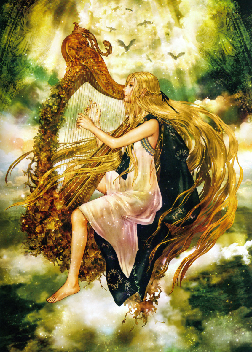1girl absurdres animal artist_request barefoot bent_knees bird blonde_hair braid cape character_request clouds dress flower from_side green_eyes harpy highres huge_filesize instrument last_chronicle leaf long_hair looking_away midair monster_girl music official_art plant playing_instrument ribbon ruins scan sitting sky solo sparkle vines white_dress