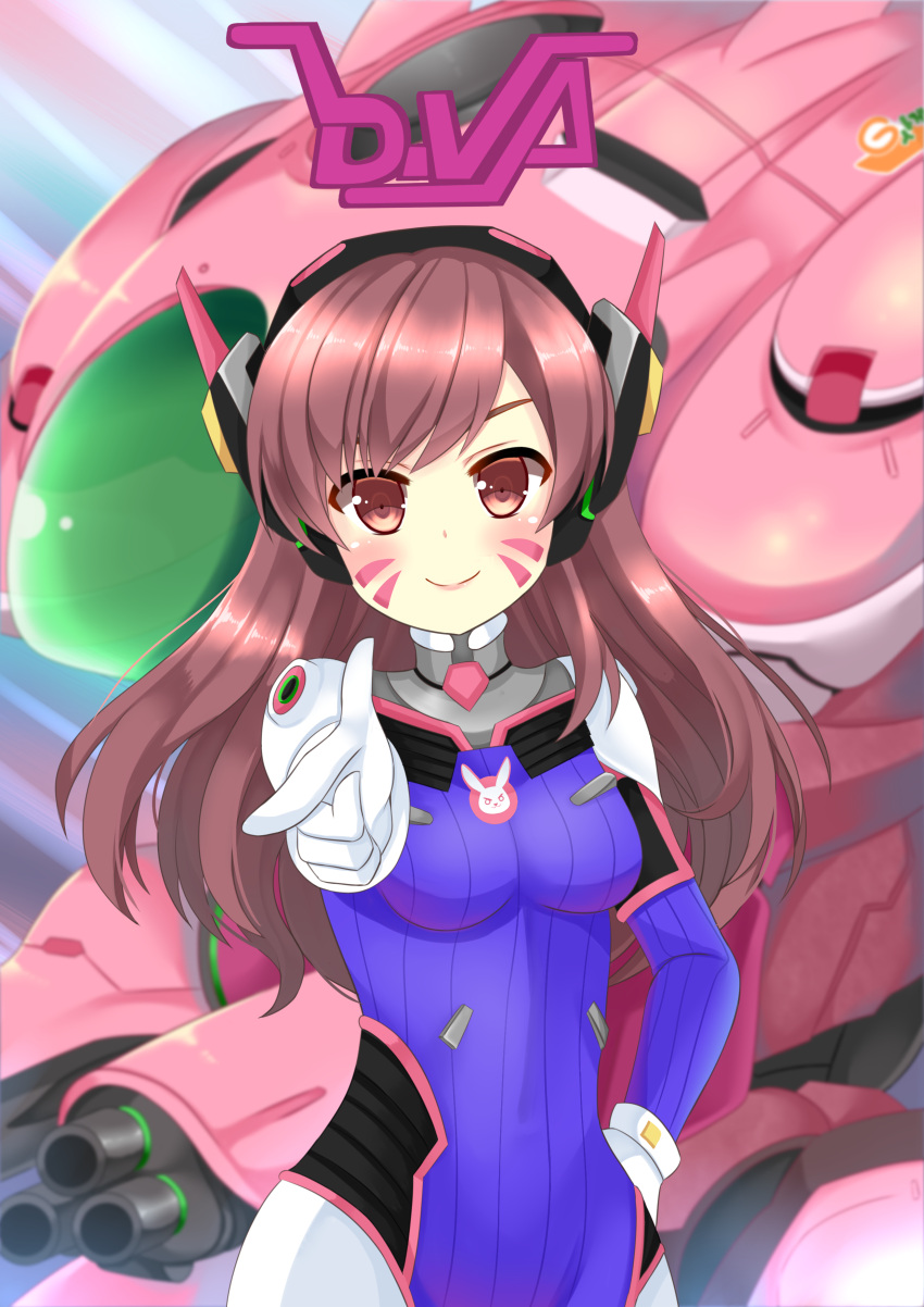 1girl absurdres asusilver_(artist) bangs blurry blush breasts brown_hair character_name closed_mouth d.va_(overwatch) depth_of_field facial_mark gloves hand_on_hip head_tilt headphones highres long_hair looking_at_viewer medium_breasts meka_(overwatch) overwatch pilot_suit pointing smile swept_bangs whisker_markings white_gloves