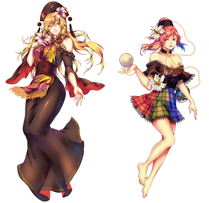 2girls absurdres bangs bare_shoulders barefoot black_dress black_shirt blonde_hair breasts chains chinese_clothes cleavage clothes_writing collar crescent dress earth_(ornament) embellished_costume flower full_body hair_flower hair_ornament hat hecatia_lapislazuli hibiscus highres junko_(touhou) kagari6496 lace lace-trimmed_skirt lace_trim large_breasts long_hair looking_at_another medium_breasts moon_(ornament) multicolored_skirt multiple_girls off-shoulder_shirt parted_lips plaid plaid_skirt polos_crown red_eyes redhead sash shirt short_sleeves shoulder_cutout skirt smile tabard touhou wide_sleeves