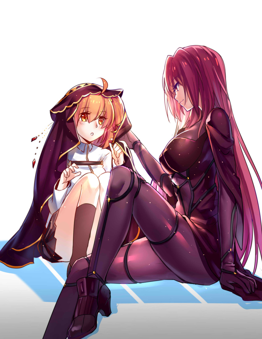 2girls absurdres aer_(tengqiu) ahoge blush bodysuit fate/grand_order fate_(series) fujimaru_ritsuka_(female) highres long_hair looking_at_another multiple_girls open_mouth orange_hair purple_bodysuit purple_hair red_eyes scathach_(fate/grand_order) shared_clothes short_hair side_ponytail smile very_long_hair