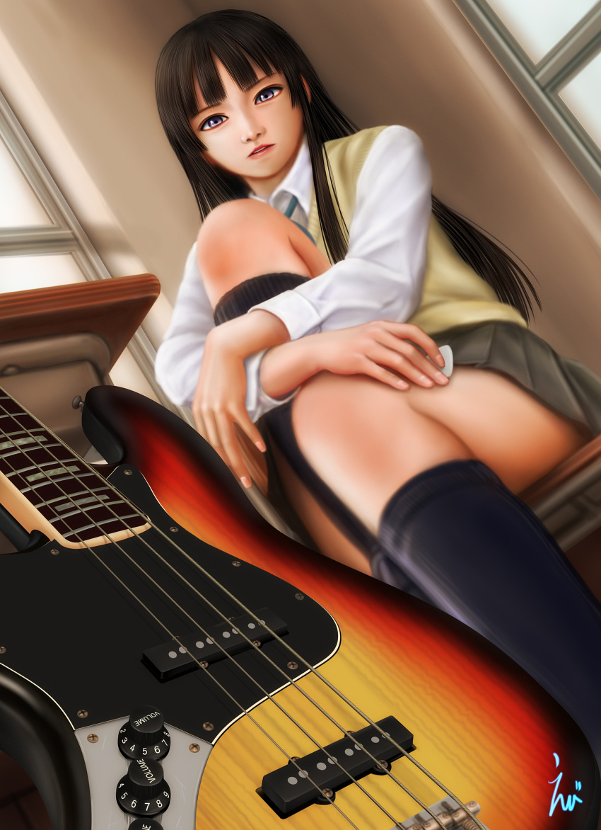 1girl akiyama_mio bangs bass_guitar black_hair dutch_angle ebi_(eeotoko) from_below highres instrument k-on! leg_hug leg_lift lips long_hair looking_at_viewer nose pleated_skirt plectrum school_uniform sitting skirt socks solo sweater_vest violet_eyes