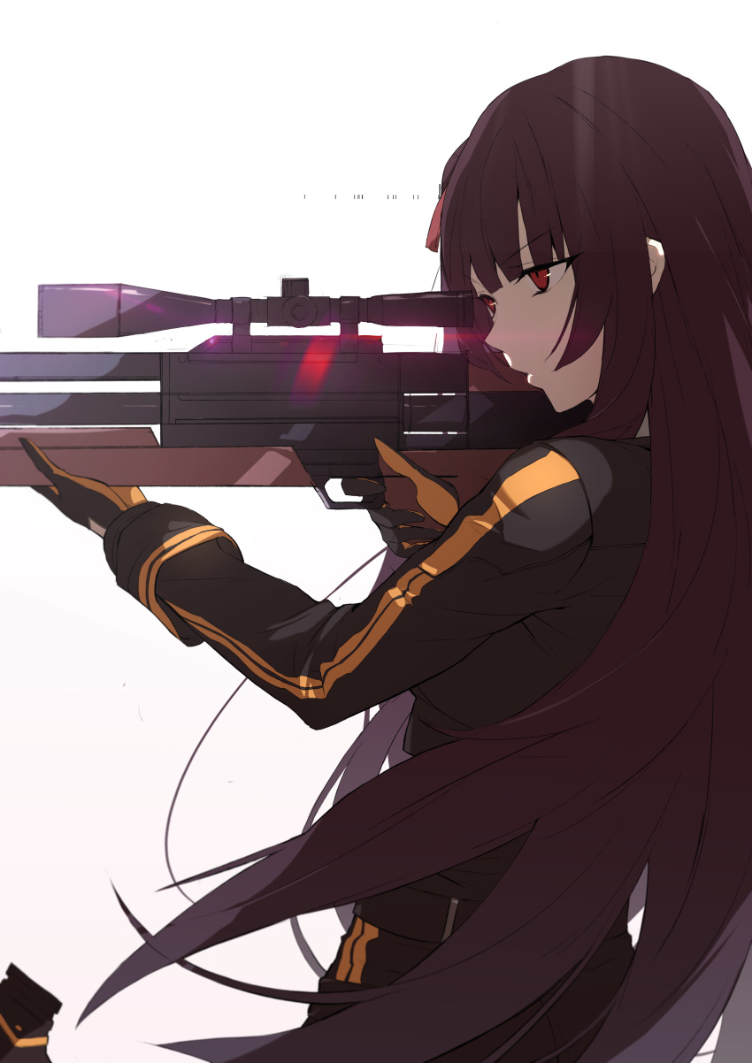 1girl absurdres aiming bangs belt black_gloves braid bullpup closed_mouth eyebrows_visible_through_hair finger_on_trigger french_braid from_side girls_frontline gloves gun hair_ribbon hands_up highres inxst long_hair long_sleeves one_side_up purple_hair red_eyes red_ribbon ribbon rifle scope serious shirt side_ponytail simple_background sniper_rifle solo very_long_hair wa2000_(girls_frontline) walther walther_wa_2000 weapon white_background