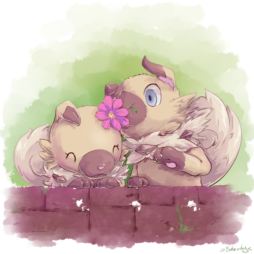 animal_ears artist_name blue_eyes closed_eyes dog_ears dog_tail flower highres no_humans pokemon pokemon_(creature) pokemon_(game) pokemon_sm rockruff sharky tail