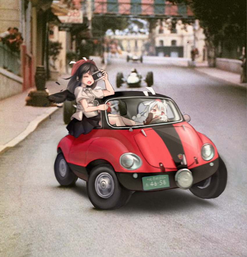 2girls :d absurdres animal_ears black_skirt black_wings brown_shoes building camera car commentary_request feathered_wings feathers ground_vehicle hat highres holding holding_camera inubashiri_momiji joeychen mary_janes motor_vehicle multiple_girls open_mouth outdoors pleated_skirt pom_pom_(clothes) puffy_short_sleeves puffy_sleeves racing red_hat road shameimaru_aya shirt shoes short_hair short_sleeves sitting skirt smile socks street taking_picture teeth tokin_hat touhou vehicle white_hair wings wolf_ears
