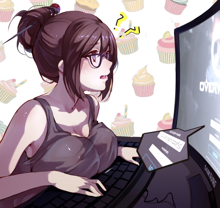 1girl ?? absurdres bare_shoulders beads black-framed_eyewear blush breast_press breast_rest breasts brown_eyes brown_hair cable cleavage collarbone computer_keyboard cupcake desk distress erect_nipples food from_side glasses hair_bun hair_ornament hair_stick hands highres inxst large_breasts mei_(overwatch) monitor open_mouth overwatch playing_games short_hair sidelocks sitting sleeveless solo sweatdrop tank_top teeth video_game