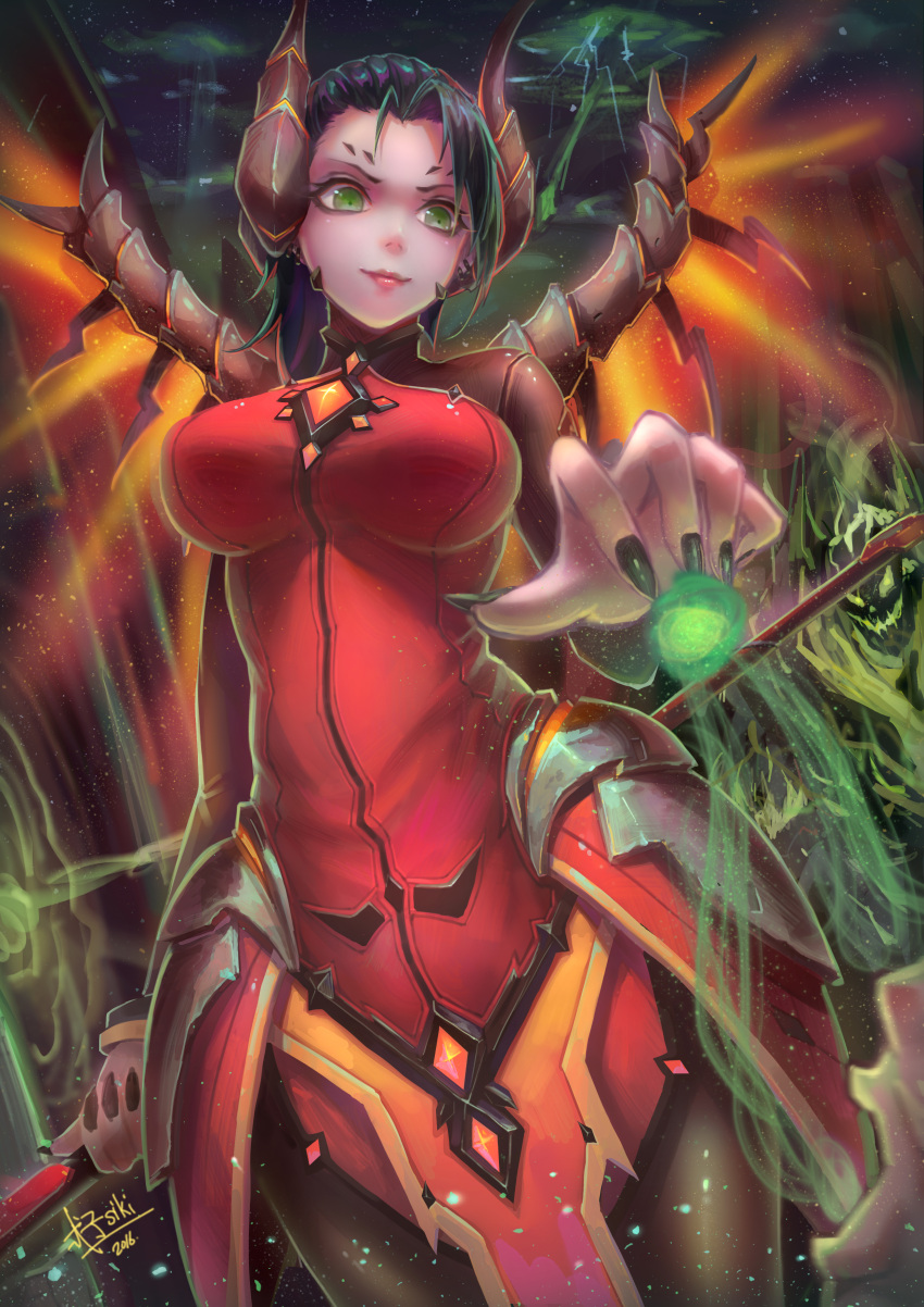 1girl 2016 absurdres alternate_costume black_hair black_nails bodysuit breasts brown_legwear cowboy_shot dark_persona dated demon_horns demon_tail devil_mercy eyeliner facial_mark faulds fingernails forehead_mark glowing glowing_wings green_eyes highres holding holding_staff horns large_breasts light_particles light_smile lips lipstick looking_at_viewer magic makeup mechanical_wings mercy_(overwatch) nail_polish orange_wings overwatch pantyhose pelvic_curtain ponytail red_lipstick resurrection revision sharp_fingernails shizi_shizi short_hair signature skeleton spread_wings staff tail wings