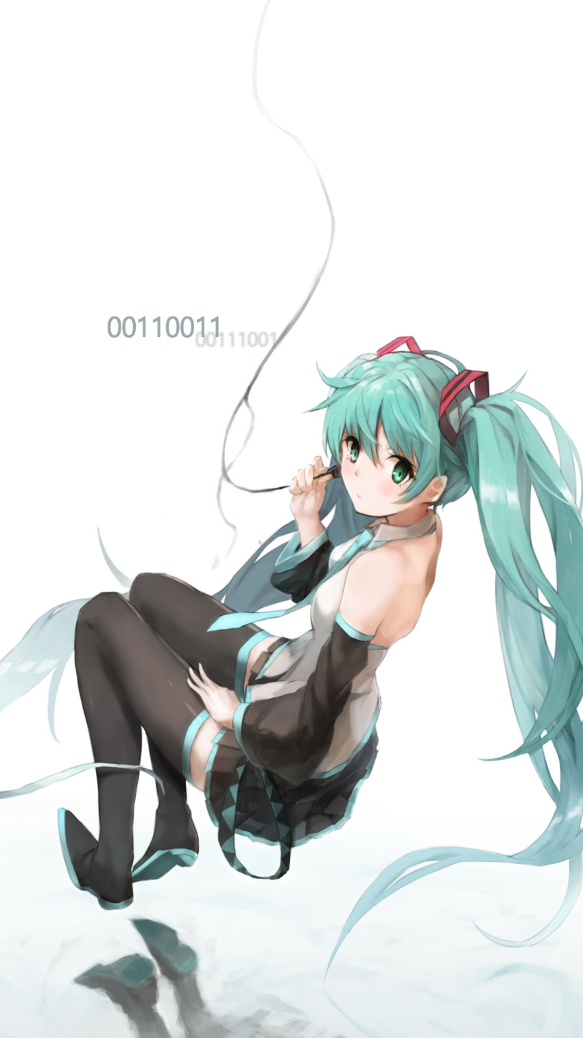 1girl aqua_eyes aqua_hair binary boots detached_sleeves from_side hatsune_miku highres long_hair necktie skirt solo thigh-highs thigh_boots twintails unitsu very_long_hair vocaloid white_background