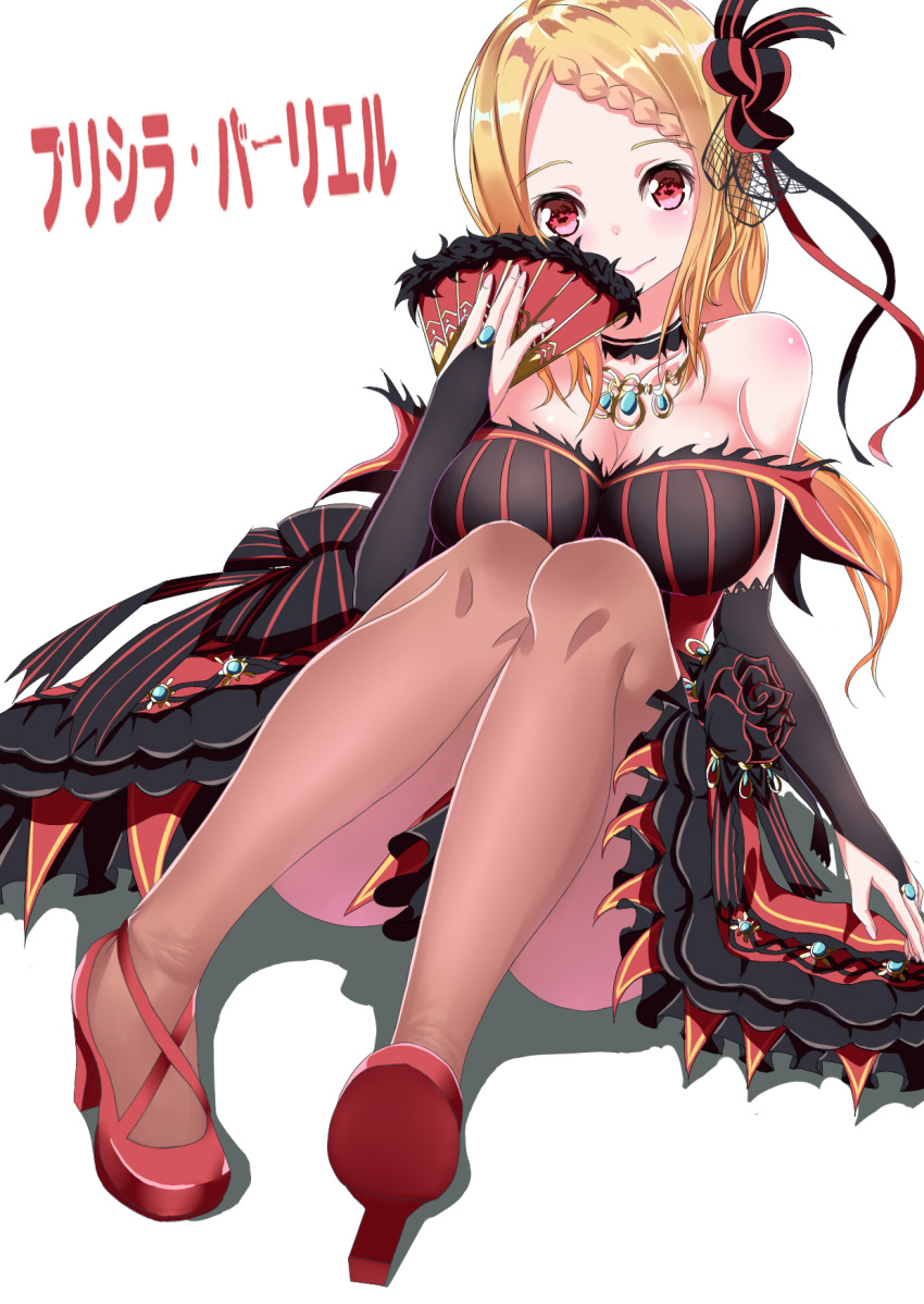 1girl arm_support bare_shoulders blonde_hair blush breasts choker cleavage detached_sleeves fan folding_fan gatari gothic_lolita high_heels highres large_breasts lolita_fashion looking_at_viewer pantyhose priscilla_barielle re:zero_kara_hajimeru_isekai_seikatsu red_eyes short_hair thighs translation_request white_background