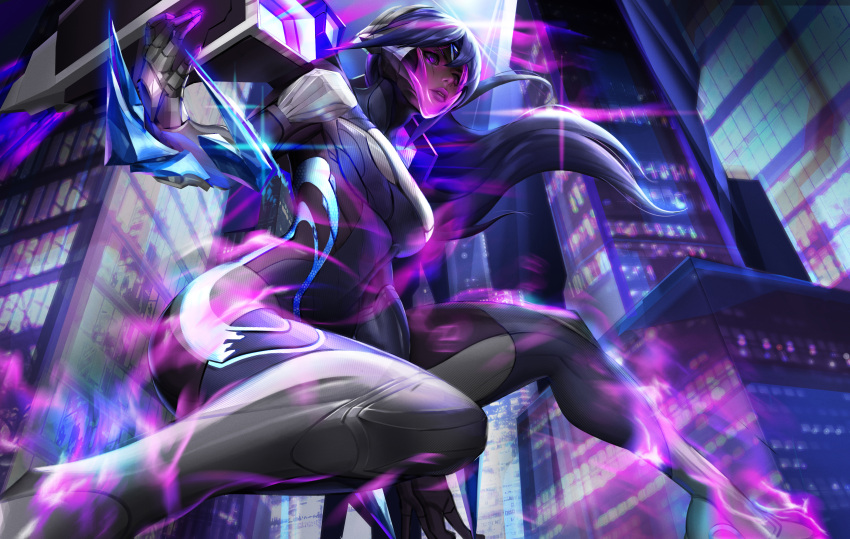 1girl absurdres arm_support bangs bodysuit breasts city city_lights from_below glowing hand_up highres kai'sa large_breasts league_of_legends long_hair night outdoors parted_lips pink_eyes purple_hair sinser_(99535) solo teeth
