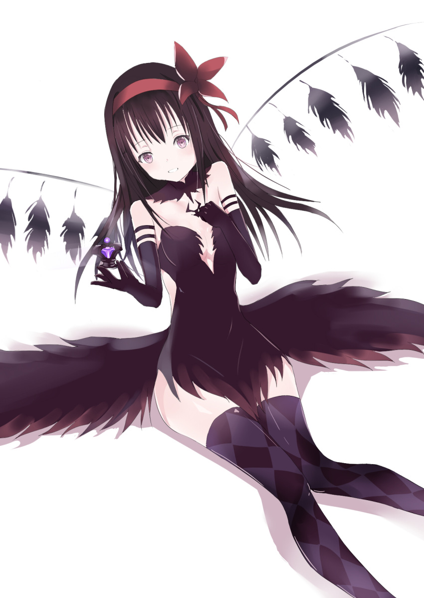 1girl :d akemi_homura akuma_homura ass_wings bare_shoulders black_hair blush breasts cleavage dutch_angle elbow_gloves gatari gloves highres mahou_shoujo_madoka_magica mahou_shoujo_madoka_magica_movie open_mouth pink_eyes small_breasts smile soul_gem thigh-highs thighs white_background wings