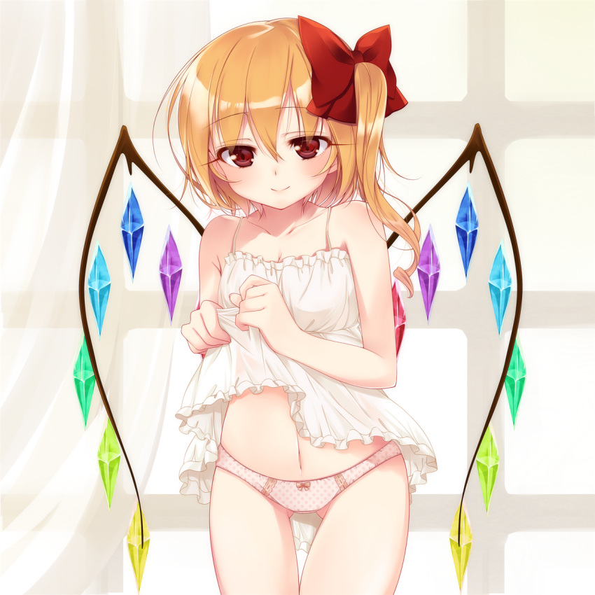 1girl babydoll blonde_hair bow bow_panties clothes_lift flandre_scarlet gluteal_fold hair_bow haruki_(colorful_macaron) highres lifted_by_self looking_at_viewer navel panties pink_panties polka_dot polka_dot_panties red_bow red_eyes side_ponytail smile solo thigh_gap touhou underwear unmoving_pattern wings