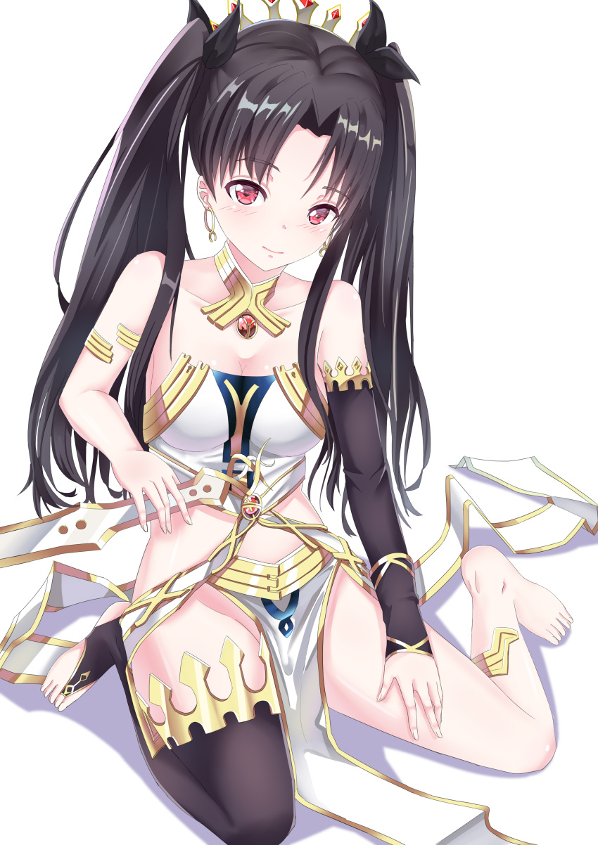 1girl absurdres bare_shoulders barefoot black_hair blush breasts cleavage crown fate/grand_order fate_(series) gatari groin highres ishtar_(fate/grand_order) medium_breasts pelvic_curtain red_eyes single_thighhigh sitting soles solo thigh-highs thighs tohsaka_rin twintails wariza white_background