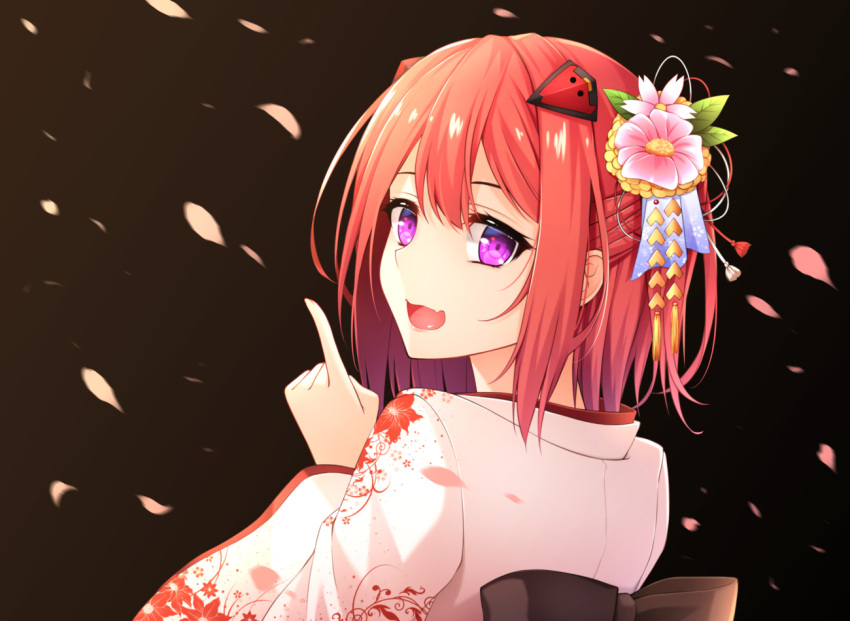 1girl :d black_background fang floral_print flower furisode gradient gradient_background hair_flower hair_ornament half_updo healther index_finger_raised japanese_clothes kimono looking_at_viewer looking_back new_year open_mouth original petals redhead short_hair smile solo violet_eyes