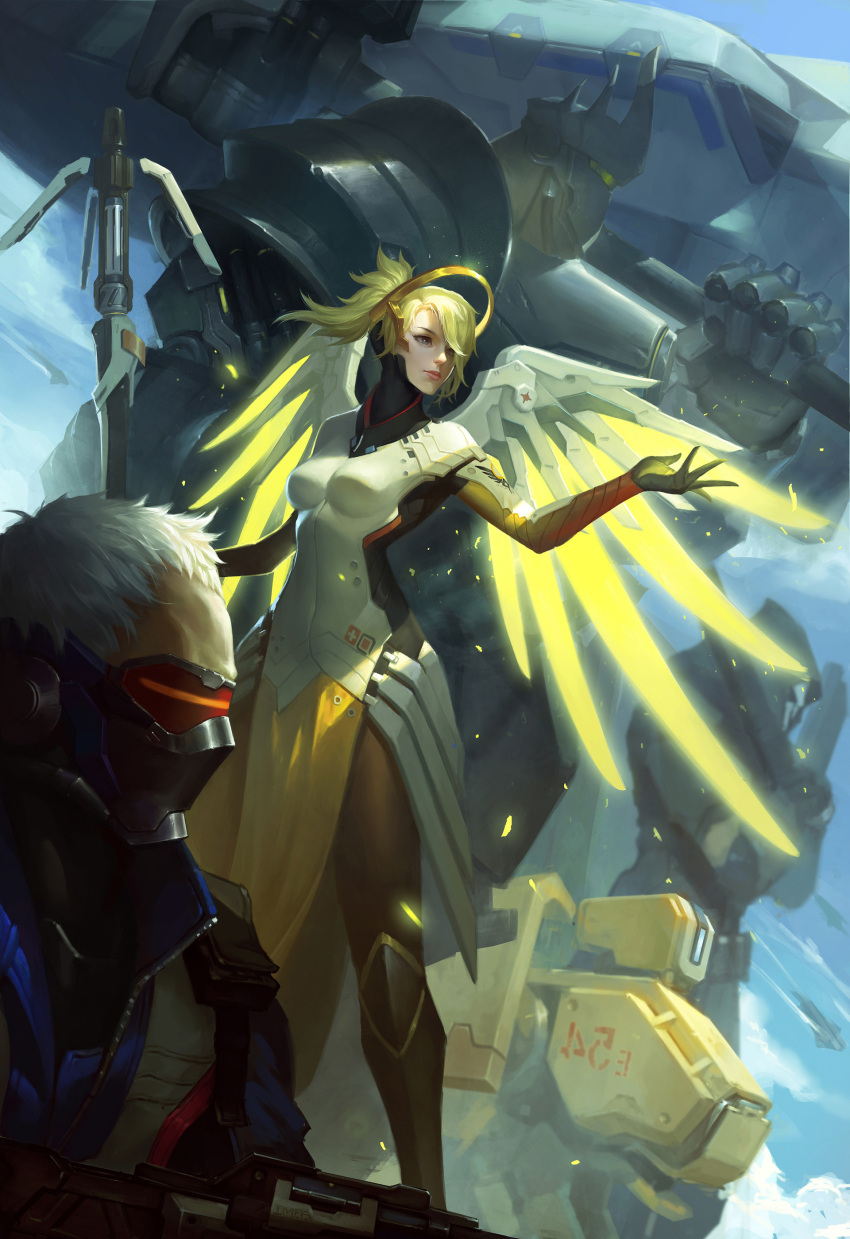 1girl 3boys absurdres ammunition_belt assault_rifle bastion_(overwatch) black_gloves bodysuit breasts closed_mouth coat covered_mouth dual_wielding gloves gun hand_up highres holding holding_gun holding_staff holding_weapon hooded_coat huang_dong jacket knee_pads lips loincloth long_sleeves mask mechanical_halo mechanical_wings mercy_(overwatch) multiple_boys nose over_shoulder overwatch pantyhose pelvic_curtain pink_lips reaper_(overwatch) reinhardt_(overwatch) rifle robot shotgun skull_mask soldier:_76_(overwatch) staff turtleneck visor warhammer weapon weapon_over_shoulder white_hair wings yellow_wings