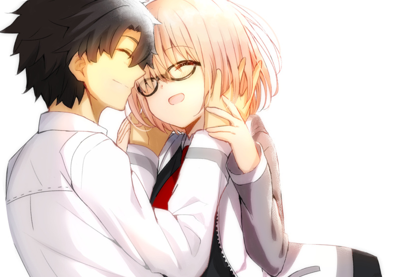 1boy 1girl :d ^_^ black-framed_eyewear black_hair blush closed_eyes closed_mouth collared_shirt facing_another fate/grand_order fate_(series) fujimaru_ritsuka_(male) glasses grin happy hood hoodie lavender_hair long_sleeves necktie open_mouth red_necktie shielder_(fate/grand_order) shiime shirt short_hair simple_background smile upper_body white_background white_shirt