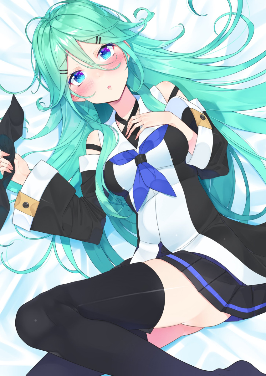 1girl ahoge aqua_hair ass bare_shoulders black_skirt blue_eyes blue_neckerchief blush breasts detached_sleeves eyebrows_visible_through_hair from_above hair_ornament hair_ribbon hairclip hand_on_own_chest highres kantai_collection long_hair long_sleeves looking_at_viewer lying nezumi_doshi on_back open_mouth pleated_skirt ribbon simple_background skirt solo striped striped_skirt thigh-highs white_background wide_sleeves yamakaze_(kantai_collection)