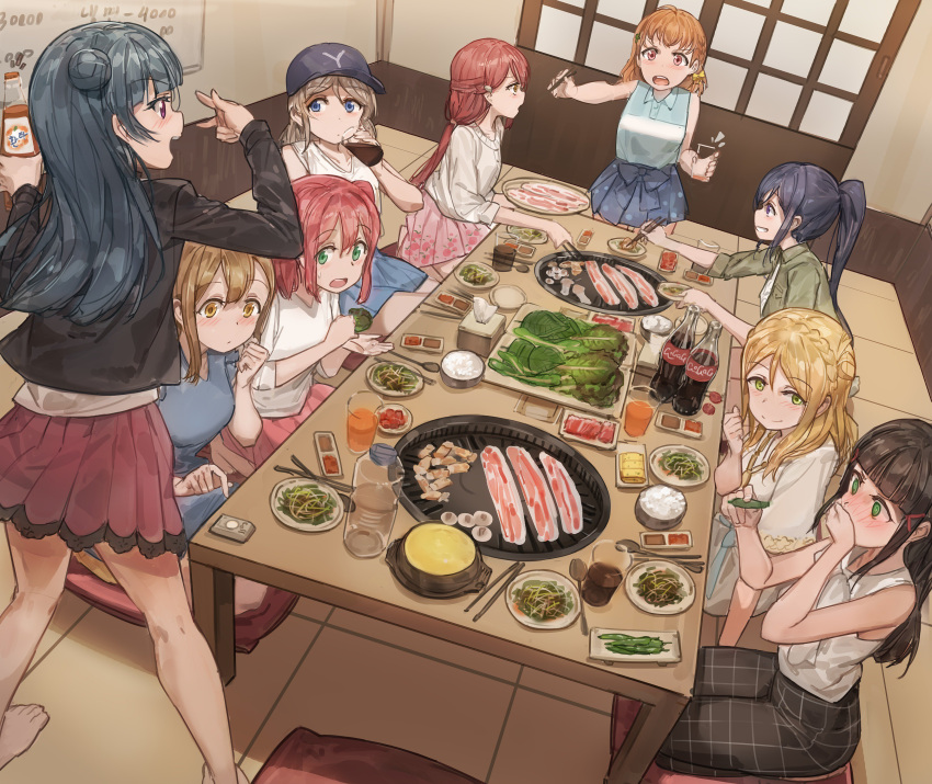 6+girls @_@ absurdres ahoge baseball_cap black_hair blonde_hair blue_eyes blue_hair blush bow brown_eyes brown_hair chopsticks coat cola commentary drink drinking eating food green_eyes grill grin hair_ornament half_updo hat highres juice korean kunikida_hanamaru kurosawa_dia kurosawa_ruby long_hair long_ponytail love_live! love_live!_sunshine!! matsuura_kanan meat multiple_girls mushroom ohara_mari open_mouth orange_hair pepper ponytail raw_meat red_eyes redhead restaurant rice_bowl sakurauchi_riko seiza shirt short_hair sitting skirt sleeveless sleeveless_shirt smile spicy spoon sweatdrop takami_chika tissue_box tsushima_yoshiko two_side_up v violet_eyes watanabe_you yakiniku yellow_eyes yohan1754