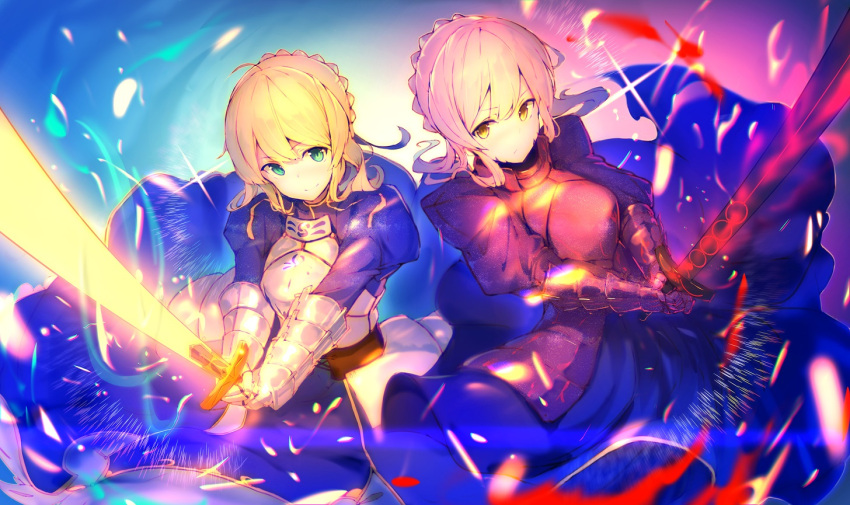 2girls :/ ahoge armor bangs black_dress blonde_hair blue_dress blurry braid breastplate closed_mouth dark_excalibur dark_persona depth_of_field dress dress_lift enj! excalibur eyebrows_visible_through_hair fate/grand_order fate_(series) faulds french_braid gauntlets green_eyes holding holding_sword holding_weapon juliet_sleeves long_sleeves looking_at_another looking_at_viewer multiple_girls puffy_sleeves saber short_hair_with_long_locks smile sparks sword weapon