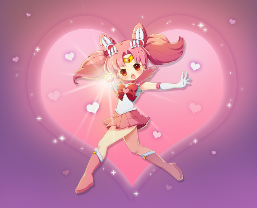 1girl :o bishoujo_senshi_sailor_moon blush boots bow brooch chibi_usa choi_e_sul choker double_bun elbow_gloves gloves gradient gradient_background hair_ornament hairpin heart heart_background jewelry knee_boots magical_girl pink pink_background pink_boots pink_hair pink_moon_stick pink_skirt pleated_skirt pose purple_background red_bow red_eyes sailor_chibi_moon sailor_collar serious short_hair skirt solo tiara twintails wand white_gloves