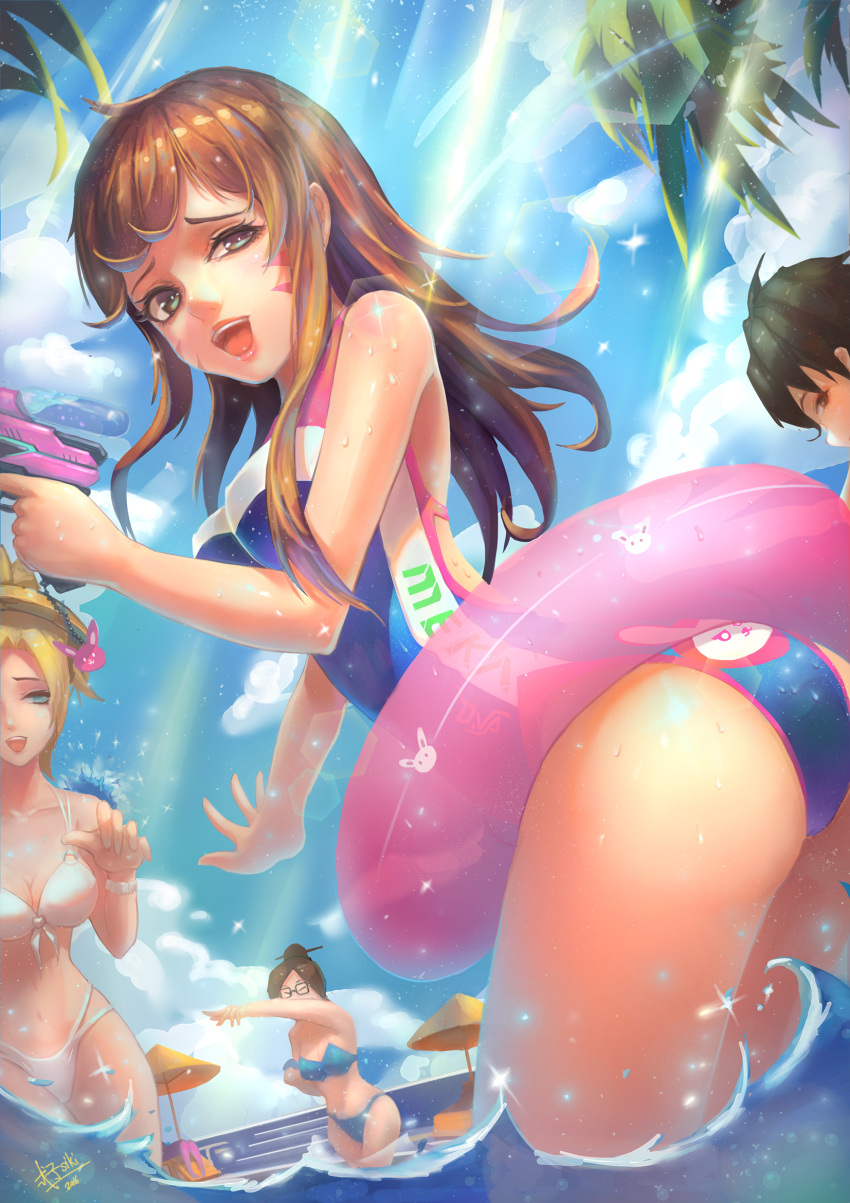 2016 5girls acronym adapted_costume animal_print ass bangs bare_shoulders beach_umbrella bikini black-framed_eyewear blonde_hair blue_eyes blue_sky blue_swimsuit breasts brown_eyes brown_hair bunny_print casual_one-piece_swimsuit chair character_name charm_(object) cleavage clothes_writing clouds cloudy_sky collarbone d.va_(overwatch) dated day erect_nipples eyelashes facepaint facial_mark from_side front-tie_bikini front-tie_top glasses gun hair_bun hands_up headgear highleg highleg_bikini highres holding ice innertube large_breasts legs light_particles light_rays lips lipstick long_hair looking_at_viewer lounge_chair lying makeup mechanical_halo medium_breasts mei_(overwatch) mercy_(overwatch) midriff multiple_girls navel on_back one-piece_swimsuit open_mouth outdoors overwatch palm_tree partially_submerged pink_lips pink_lipstick ponytail purple_skin revision shizi_shizi signature sky smile spiky_hair strapless strapless_bikini strapless_swimsuit sunbeam sunlight swimsuit teeth tracer_(overwatch) tree umbrella wading water water_drop water_gun weapon wet wet_clothes whisker_markings white_bikini widowmaker_(overwatch) wrist_cuffs