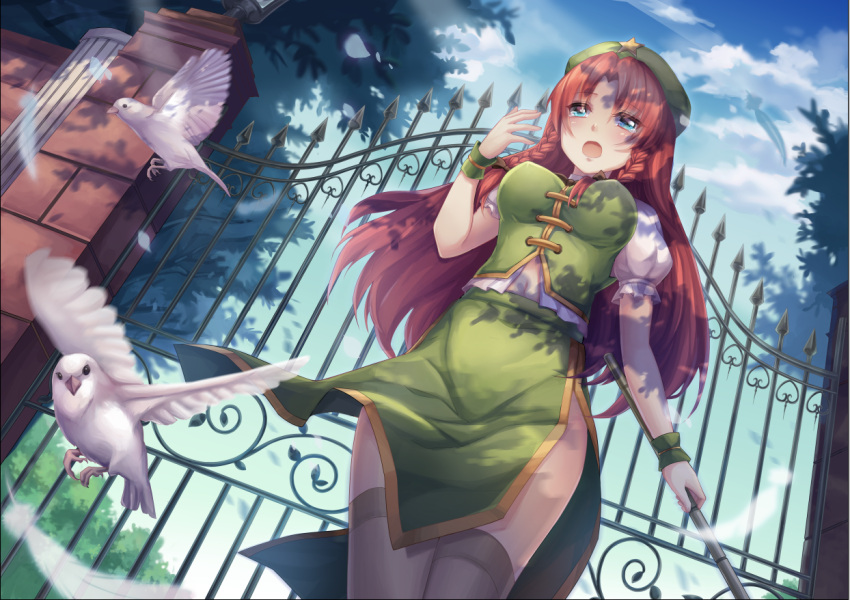 1girl bird blue_eyes braid breasts chinese_clothes commentary_request cowboy_shot day dutch_angle feathers gate green_hat green_shirt green_skirt grey_legwear hat holding hong_meiling large_breasts navel open_mouth penny_(douding) puffy_short_sleeves puffy_sleeves redhead shirt short_sleeves skirt sky solo thigh-highs touhou tree twin_braids wristband