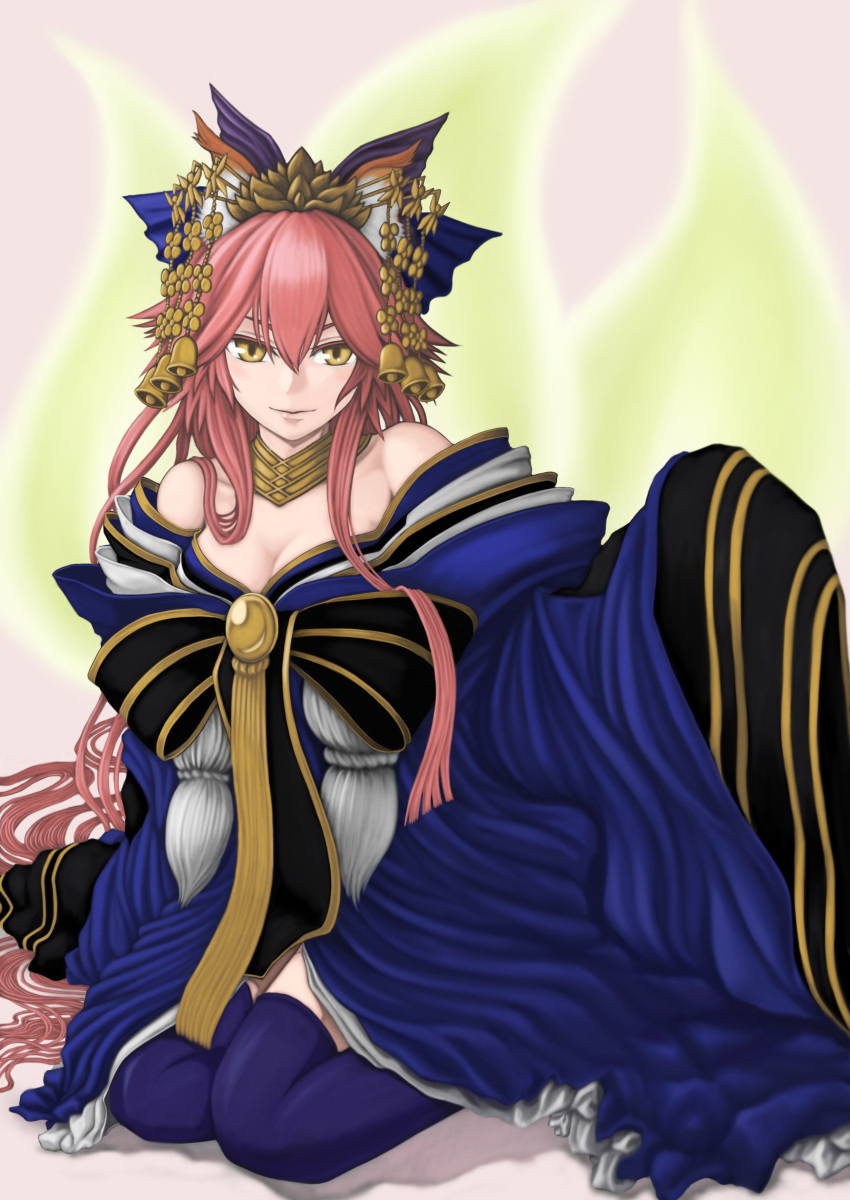 1girl absurdres animal_ears blue_legwear bow breasts cleavage fate/extra fate/grand_order fate_(series) fox_ears fox_tail hair_bow hair_ribbon highres japanese_clothes kimono large_breasts looking_at_viewer multiple_tails pink_hair ribbon solo tail tamamo_(fate)_(all) tamamo_no_mae_(fate) yasu_(segawahiroyasu) yellow_eyes