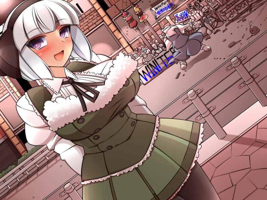4girls 6+boys :d aki_minoriko aki_shizuha arms_behind_back blush bob_cut boots breasts city collared_shirt commentary crowd curvy fist_pump fur_trim hat highres juliet_sleeves konpaku_youmu large_breasts letty_whiterock long_sleeves looking_at_viewer lovestruck military miniskirt multiple_boys multiple_girls open_mouth pantyhose pleated_skirt puffy_long_sleeves puffy_sleeves shirt short_hair silver_hair skirt smile socks touhou ueda_katsuhito vest violet_eyes
