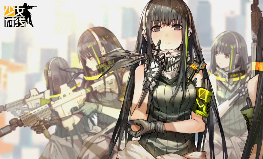 5girls armband assault_rifle black_eyes black_hair clone clothes_around_waist emblem girls_frontline gloves grey_gloves gun headphones highres holding holding_gun holding_weapon jacket jacket_around_waist long_hair m4_carbine m4a1_(girls_frontline) multicolored_hair multiple_girls official_art rifle scarf streaked_hair trigger_discipline walkie-talkie weapon