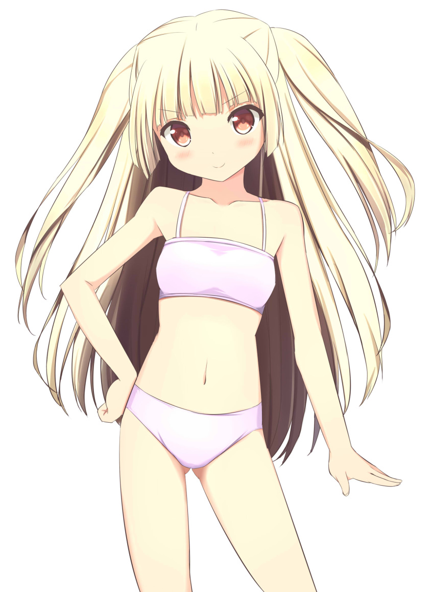 &gt;:) 1girl bangs bikini blonde_hair blush breasts closed_mouth collarbone cowboy_shot eyebrows_visible_through_hair gluteal_fold hand_on_hip highres long_hair looking_at_viewer navel original pink_bikini red_eyes simple_background small_breasts smile solo sora46 spaghetti_strap standing swimsuit thighs two_side_up white_background