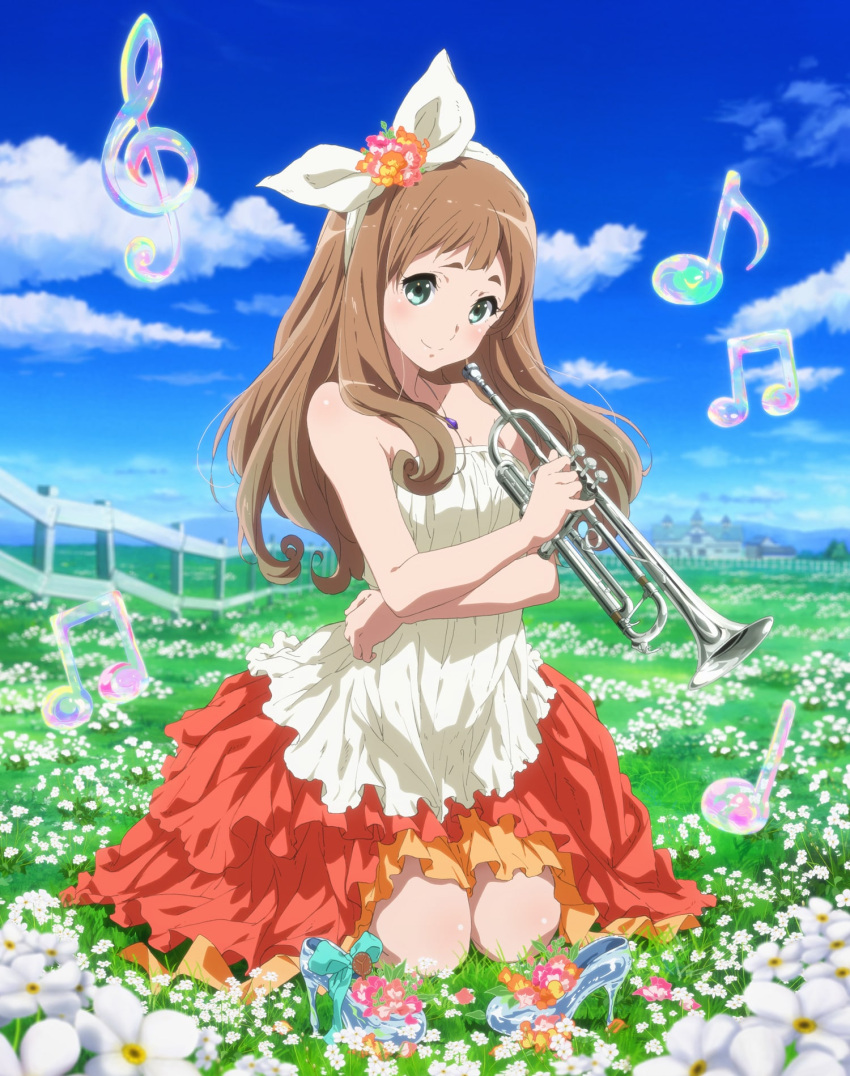 1girl beamed_quavers blurry blush bow breasts brown_hair building cleavage clouds cloudy_sky crotchet depth_of_field dress eyebrows fence field flower flower_field glass_slipper grass green_eyes hair_bow hair_flower hair_ornament hair_ribbon hibike!_euphonium highres instrument jewelry kneeling long_hair musical_note necklace official_art outdoors quaver ribbon shoes_removed sky small_breasts smile solo treble_clef trumpet yoshikawa_yuuko