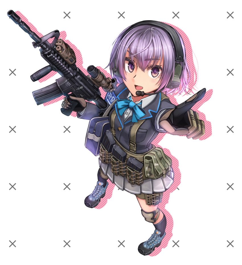 ammunition_pouch asato_miyo dreadtie gloves gun headset highres holding holding_gun holding_weapon knee_pads little_armory magazine_(weapon) purple_hair rifle short_hair solo violet_eyes weapon