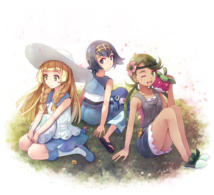 3girls baggy_pants blonde_hair blue_eyes blue_hair blue_pants bounsweet braid dark_skin dress egg flower grass green_eyes green_hair hair_flower hair_ornament hairband hat lillie_(pokemon) long_hair mallow_(pokemon) multiple_girls one_eye_closed open_mouth overalls pants pokemon pokemon_(anime) pokemon_(creature) pokemon_sm_(anime) popplio sandals short_hair sitting sleeveless sleeveless_dress suiren_(pokemon) sun_hat trial_captain twin_braids twintails white_dress white_hat yakka