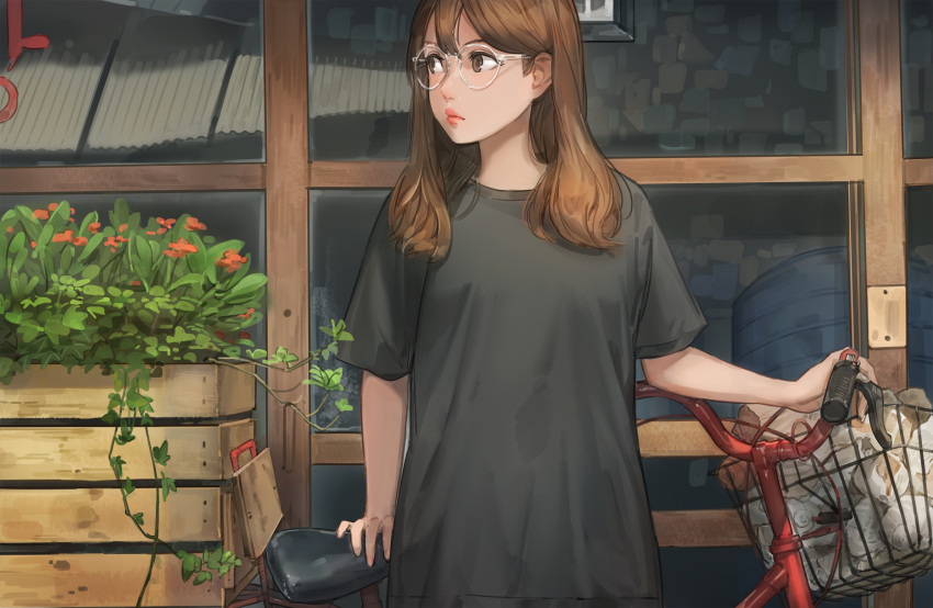 1girl bangs bicycle bicycle_basket black_shirt brown_eyes brown_hair commentary_request copyright_request glasses ground_vehicle highres lipstick long_hair looking_to_the_side makeup plant round_glasses shirt short_sleeves solo t-shirt wooden_box yohan1754