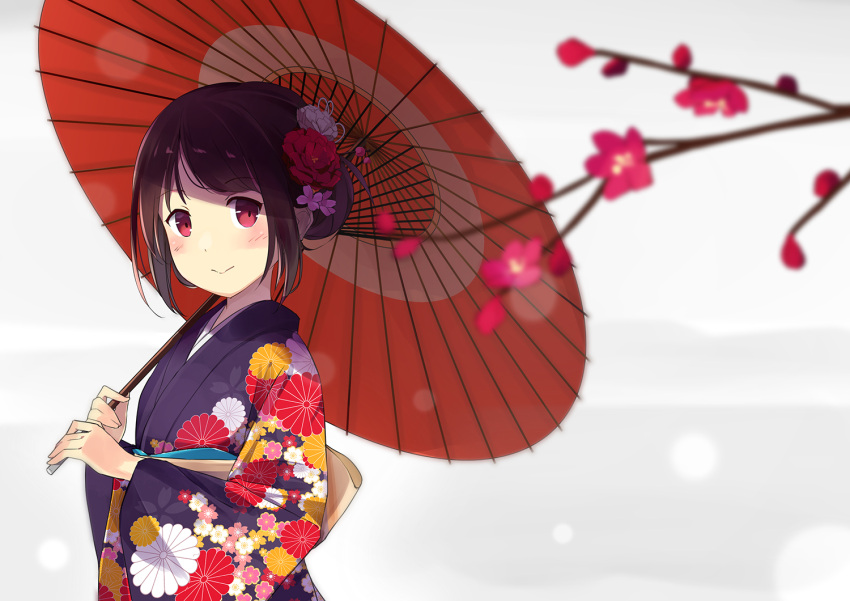 1girl :&gt; bangs black_kimono blurry blush branch commentary_request depth_of_field eyebrows_visible_through_hair floral_print flower from_side hair_flower hair_ornament holding holding_umbrella japanese_clothes kimono looking_at_viewer new_year oriental_umbrella original pink_flower smile solo sutorora umbrella upper_body