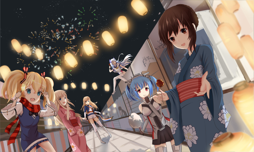 absurdres akagi_(zhan_jian_shao_nyu) alternate_costume blue_clothes candy closed_mouth cotton_candy fang festival finger_gun fireworks floating_hair floral_print food glowworm_(zhan_jian_shao_nyu) hand_holding hand_on_own_chin highres holding japanese_clothes kimono lantern le_fantasque_(zhan_jian_shao_nyu) lexington_(zhan_jian_shao_nyu) lollipop long_hair looking_at_another looking_at_viewer looking_back night open_mouth outstretched_hand outstretched_leg prinz_eugen_(zhan_jian_shao_nyu) richelieu_(zhan_jian_shao_nyu) road short_hair sitting sitting_on_object sky smile star_(sky) starry_sky tied_hair victory_pose wand yesheng_yaomeng zhan_jian_shao_nyu