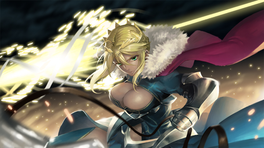 1girl armor armored_boots armored_dress artoria_pendragon_alter_(fate/grand_order) blonde_hair boots breasts cape cleavage commentary_request fate/grand_order fate_(series) gauntlets green_eyes holding holding_weapon lance large_breasts long_hair polearm riding saber saber_alter sanwood_mori solo under_boob weapon yellow_eyes