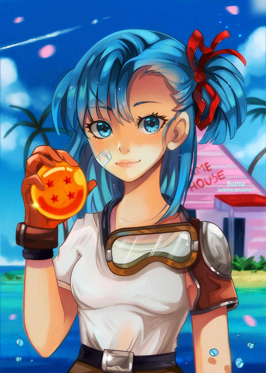 1girl asymmetrical_hair bandaid bandaid_on_face blue_eyes blue_hair blue_sky brown_gloves bulma commentary dragon_ball dragon_ball_(object) gloves goggles goggles_around_neck hair_ribbon highres kame_house larienne lips long_hair matching_hair/eyes one_side_up reflective_eyes ribbon shirt shoulder_pads sky solo t-shirt