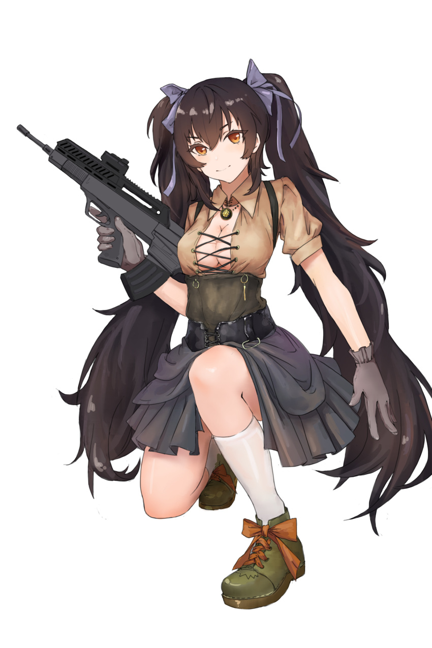 1girl absurdres alternate_color alternate_costume bangs blue_ribbon breasts brown_eyes brown_hair brown_shirt center_opening cleavage closed_mouth collared_shirt corset cross-laced_clothes eyebrows_visible_through_hair frilled_gloves frilled_skirt frills full_body girls_frontline gloves green_shoes gun hair_between_eyes hair_ribbon hand_up highres holding holding_gun holding_weapon jewelry kneehighs long_hair looking_at_viewer mao_megumi medium_breasts necklace qbz-97 qbz-97_(girls_frontline) ribbon shirt shoes short_sleeves skirt smile solo transparent_background trigger_discipline twintails very_long_hair weapon white_legwear wing_collar