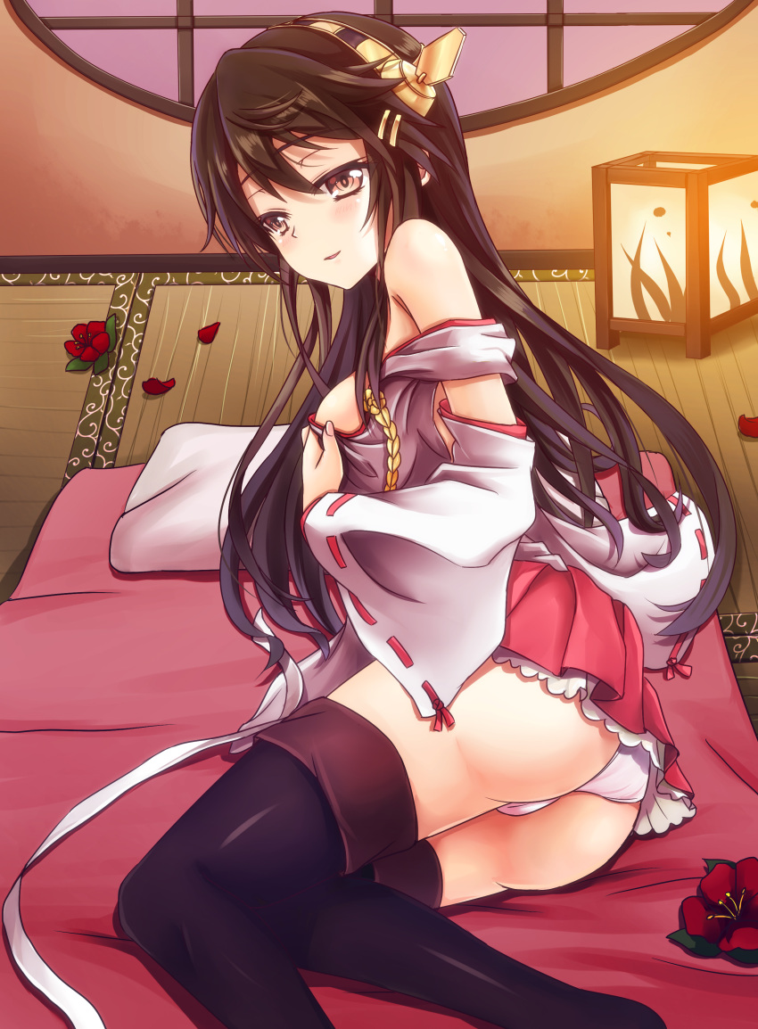 1girl absurdres ass bare_shoulders black_hair blush boots breasts brown_hair detached_sleeves flower guhua67 hair_ornament hairband hairclip haruna_(kantai_collection) highres japanese_clothes kantai_collection lamp long_hair nontraditional_miko panties ribbon-trimmed_sleeves ribbon_trim skirt solo tatami thigh-highs thigh_boots underwear white_panties