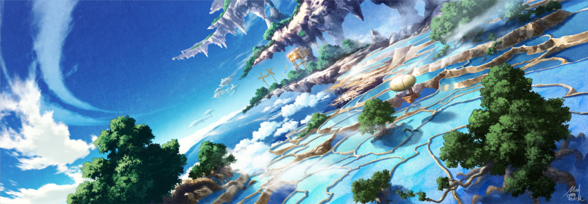 airship clouds dutch_angle field floating_island landscape no_humans original revision scenery signature sky technoheart terrace tree water windmill