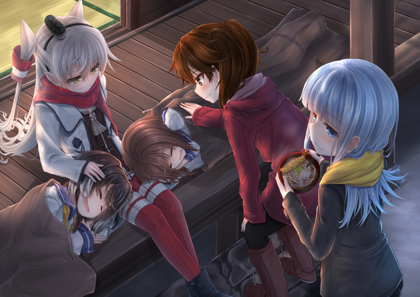 5girls alternate_costume amatsukaze_(kantai_collection) black_boots black_hair black_legwear blanket blue_hair blush boots brown_boots brown_dress brown_eyes brown_hair closed_eyes commentary_request dress food gradient_hair hair_tubes hand_on_another's_head hatsukaze_(kantai_collection) jacket kantai_collection lap_pillow long_hair looking_at_viewer lying multicolored_hair multiple_girls noodles on_side open_mouth plate red_legwear red_scarf ryuujou_(kantai_collection) sailor_dress scarf school_uniform serafuku short_dress short_hair short_hair_with_long_locks shrimp shrimp_tempura silver_hair simple_background sleeping smile steam striped striped_legwear sweater tatami tempura thigh-highs tokitsukaze_(kantai_collection) twintails two_side_up white_hair windsock yashiro yellow_scarf yukikaze_(kantai_collection)