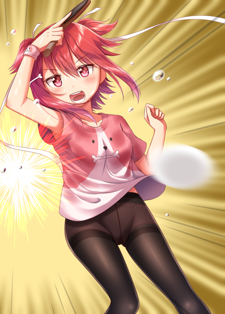 1girl alternate_legwear animal_print armpit_peek ball bangs blush boyshorts dog_print female flying_sweatdrops gurande_(g-size) gusset hair_between_eyes highres open_mouth paddle panties pantyhose pink_panties print_shirt shakunetsu_no_takkyuu_musume shirt solo sweat sweat_stain sweating t-shirt table_tennis table_tennis_ball table_tennis_paddle teeth thighband_pantyhose tsumujikaze_koyori twintails underwear wristband