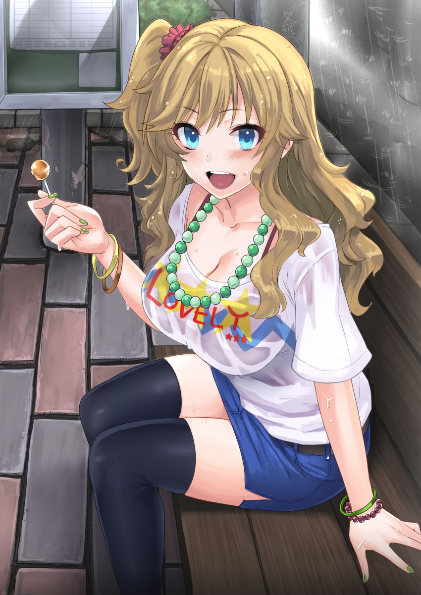 1girl angelo_(gomahangetsu) bench black_legwear blonde_hair blue_eyes blush bracelet breasts bus_stop cleavage highres idolmaster idolmaster_cinderella_girls jewelry long_hair looking_at_viewer necklace one_side_up ootsuki_yui open_mouth sitting smile solo thigh-highs wet wet_clothes