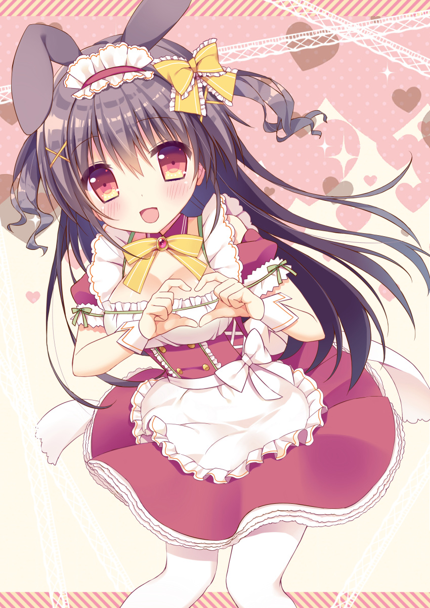 1girl absurdres black_hair blush bow breasts cleavage eyebrows_visible_through_hair floating_hair hair_bow hair_ornament heart heart_hands highres kazuki_marina large_breasts long_hair looking_at_viewer maid maid_headdress neck_ribbon open_mouth original pantyhose red_eyes ribbon shiny shiny_skin solo standing two_side_up white_apron white_legwear yellow_bow yellow_ribbon
