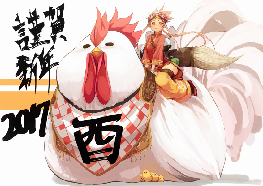 1girl 2017 :3 animal bead_bracelet beads bird bracelet breasts brush chick chicken chinese_clothes floating_hair forehead fu-ta goggles goggles_on_head happy_new_year jewelry light_brown_hair long_hair looking_at_viewer medium_breasts nengajou new_year orange_eyes original oversized_animal ponytail riding rooster smile solo translated v_arms year_of_the_rooster